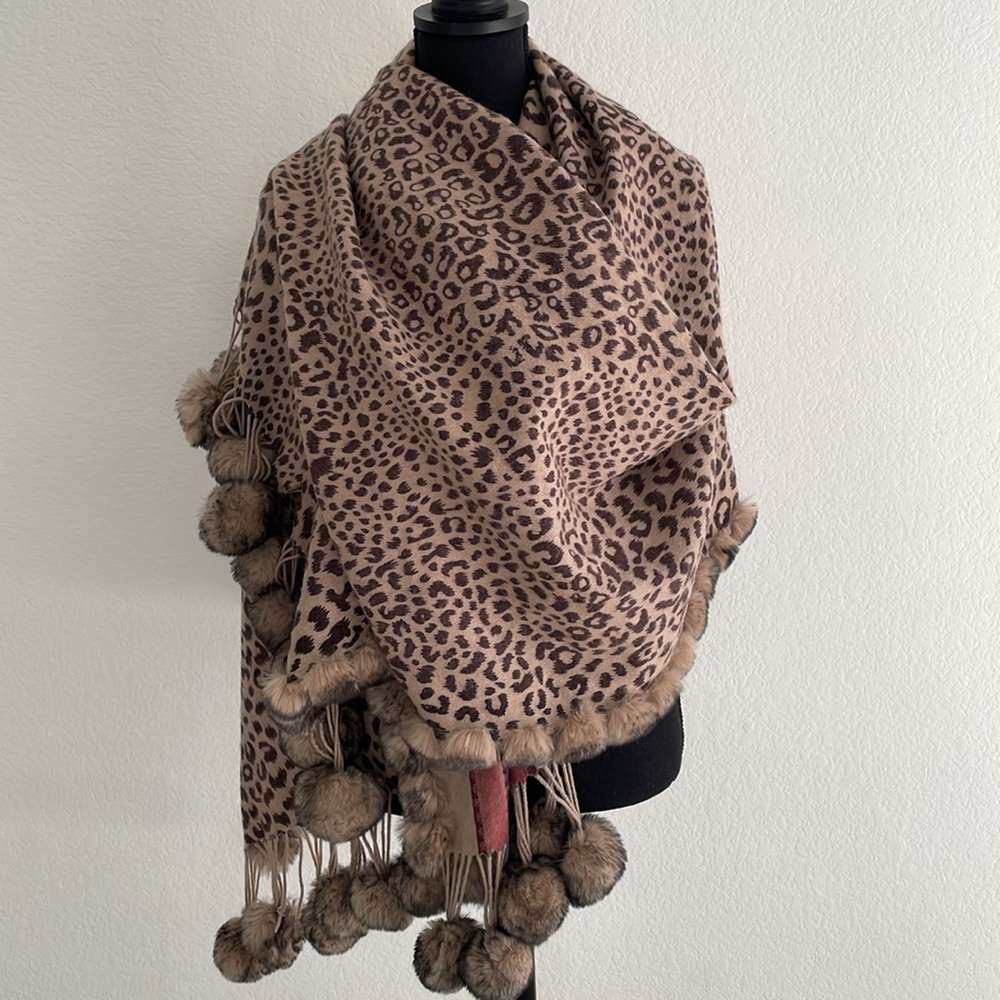 La Fiorentina wool real fur poms XL wrap shawl animal print paisley leopard